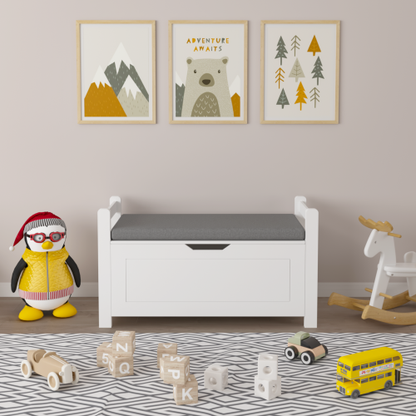 Kids Toy Box Chest, White Toy Box for Boys Girls, Large Storage Cabinet with Cushion Seat Bench/Flip-Top Lid/Safety Hinge, Toy Storage Organizer Trunk for Nursery, Playroom