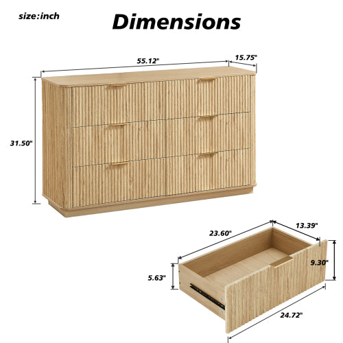 6 Drawers Dresser,55" Wide Modern Chest of Drawers Curved wave Design, Dresser TV Stand, Wood Drawer Organizer for Bedroom, Living Room, Hallway, Walnut,55.12''W x 15.75''D x 31.5''H.