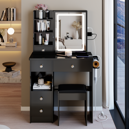 29.2" Small Size Left Drawer Desktop Vanity Table + Cushioned Stool, 2 AC+2 USB Power Station, Hair dryer bracket, Extra Large Touch Control Sliding LED Mirror, Tri-color Switching, Brightness Adjust