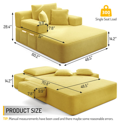 Oversized Yellow Corduroy Convertible Sofa Bed w/Storage Pockets
