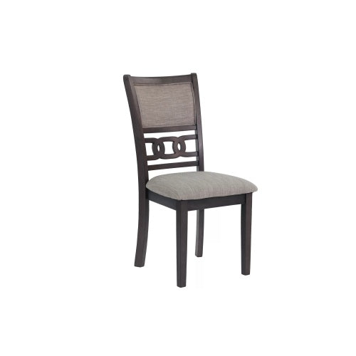 Set of 2 Grey Finish Rubberwood Side Dining Chairs, Fabric Upholstered Cushioned Seat, Unique Back Kitchen Chairs