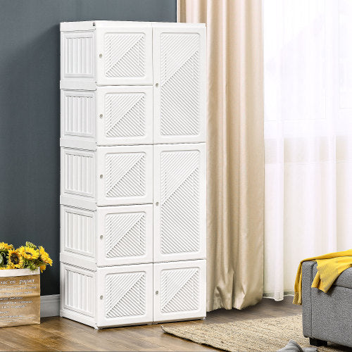 Portable Wardrobe Closet, Folding Bedroom Armoire, Clothes Storage Organizer with 8 Cube Compartments, Hanging Rod, Magnet Doors, White