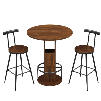 3-Piece Bar Table and Stool Set 31.5-inch round bar table with two stools Compact wooden dining bar with metal ring footrest Ideal for restaurants, cafes, bars, living rooms, and small spaces,Walnut