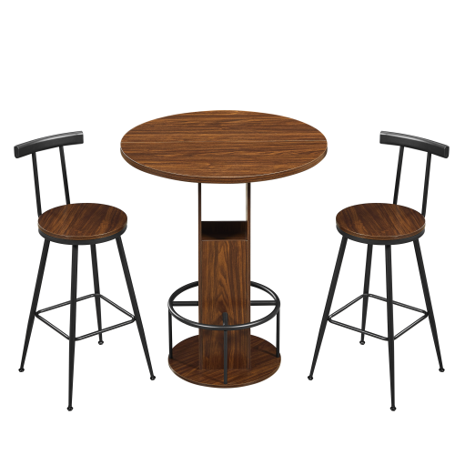 3-Piece Bar Table and Stool Set 31.5-inch round bar table with two stools Compact wooden dining bar with metal ring footrest Ideal for restaurants, cafes, bars, living rooms, and small spaces,Walnut