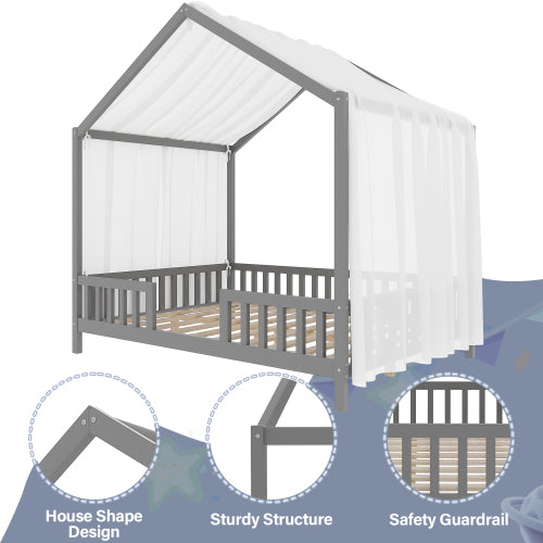 Montessori Floor Bed with Canopy, Full Bed Frame for Kids, House Shape Toddler Bed Frame with High Railings, Wood Kids Bed with Roof, Kid Full Bed, Grey