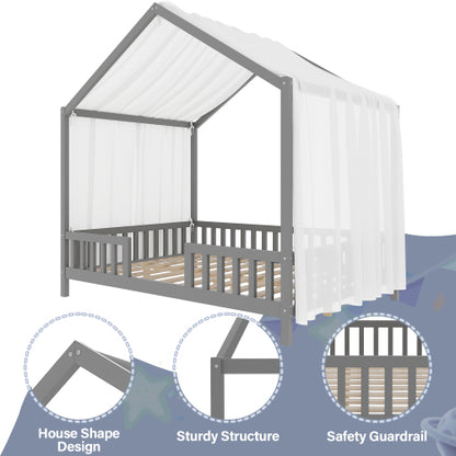 Montessori Floor Bed with Canopy, Full Bed Frame for Kids, House Shape Toddler Bed Frame with High Railings, Wood Kids Bed with Roof, Kid Full Bed, Grey
