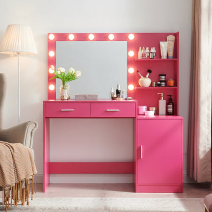 Rose Pink Vanity Desk with Mirror & Lights, 46.4IN Dressing Table, 2 Large Drawers & Vertical Organizer, 3 Lighting Modes