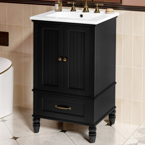 20" Bathroom Vanity with Sink, Bathroom Cabinet with Two Doors, Magnetic Door Stopper and Adiustable Foot Pads, A Drawer, Black