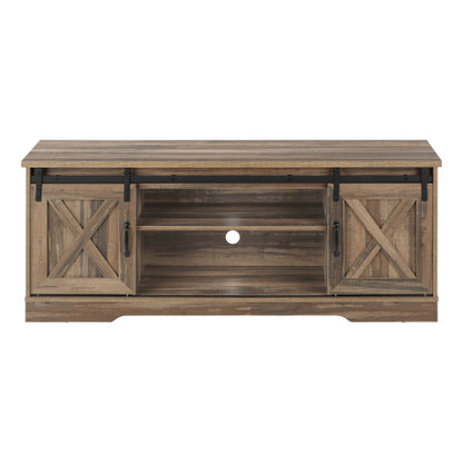 60 Inch Reclaimed Brown Farmhouse TV Console with Sliding Barn Doors & Multi Storage Zones
