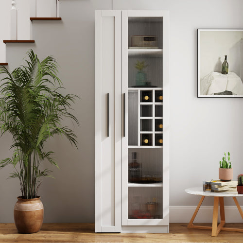Kitchen Pantry Cabinet with Multi-Functional Pull-Out Multi-Tier Storage Shelf and Glass Doors