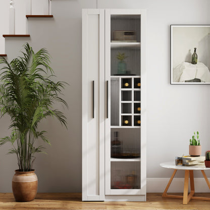 Kitchen Pantry Cabinet with Multi-Functional Pull-Out Multi-Tier Storage Shelf and Glass Doors