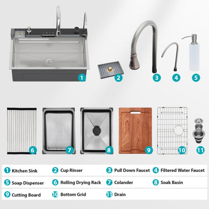 30" Kitchen Sink Waterfall Sink - 30 x 19 x 9 inch Multifunction Single Bowl 16 Gauge Stainless Steel Ledge Workstation Smart Top Mount Kitchen Sinks