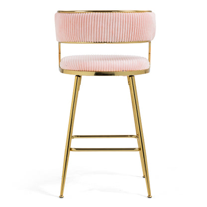 (SET of 2) 26inch  Counter height bar stools Corduroy kitchen island counter bar stool with back,golden chromed base and footrest (PINK)