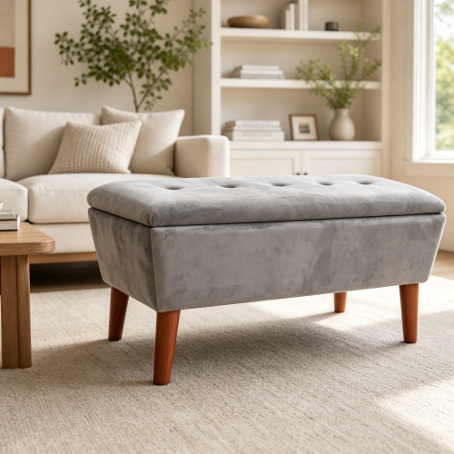 42 inch Linen Ottoman Bench with Solid Wood Tapered Legs