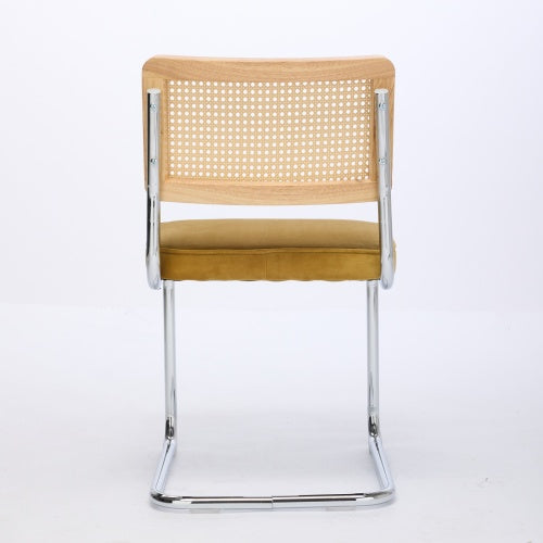 Set of 2 Golden Cane Back Cantilever Dining Chairs, Velvet Upholstered Chrome Double Steel Pipe Base 360 LBS Capacity