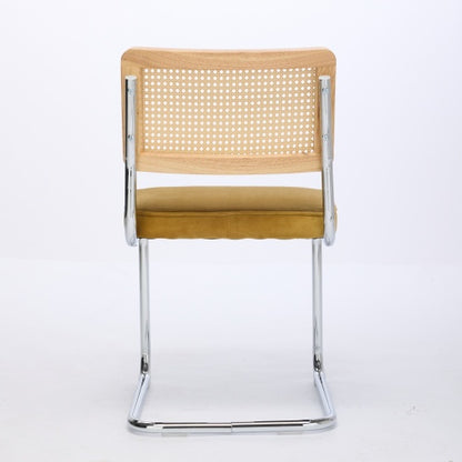 Set of 2 Golden Cane Back Cantilever Dining Chairs, Velvet Upholstered Chrome Double Steel Pipe Base 360 LBS Capacity