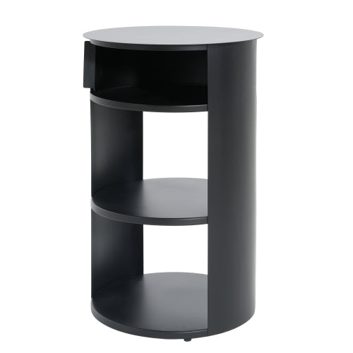 3-Tier Metal Round Side Table with Cabinet, Matte Black