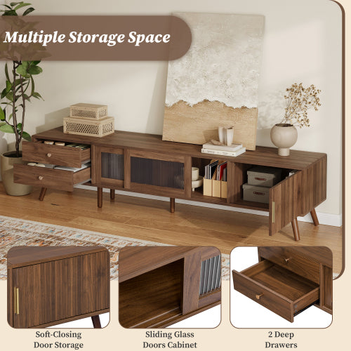 76.7 inch Natural Wood Wave Tempered Glass Door TV Stand Solid Wood Leg Media Console For 85 inch TV
