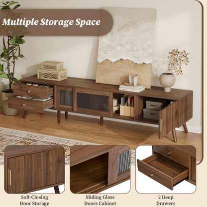 76.7 inch Natural Wood Wave Tempered Glass Door TV Stand Solid Wood Leg Media Console For 85 inch TV