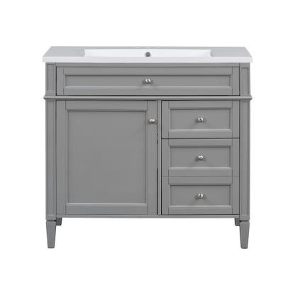 36'' Bathroom Vanity with Top Sink, Modern Bathroom Storage Cabinet with Mirror, 2 Drawers and a Tip-out Drawer, Mirror Cabinet with 6 Open Shelves, Single Sink Bathroom Vanity