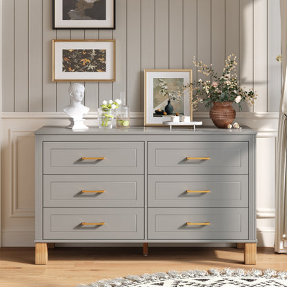 Gray 6 Drawer Double Dresser Modern Storage Cabinet with Metal Handles Solid Wood Legs