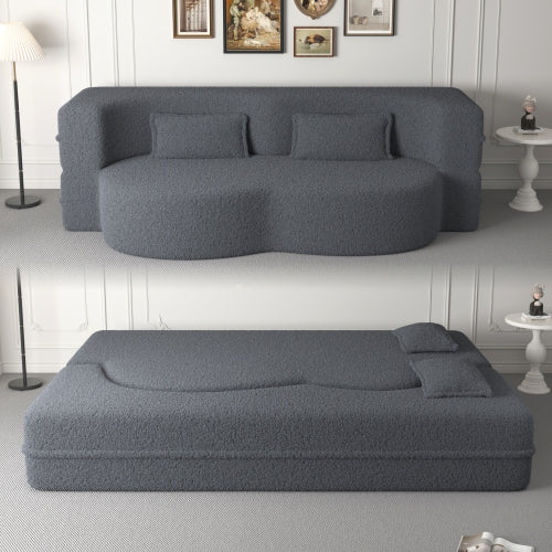 Grey Full-Size Convertible Sherpa-Fleece Floor Sofa-Bed 15 inch  Height with 2 Pillows No-Assembly Folding Mattress for Living-Room Play-Room