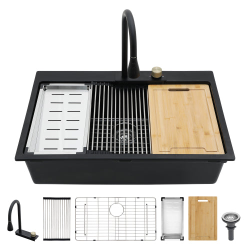 Drop In Waterfall Kitchen Sink - 33" x 22" x 10" Black Composite Granite Quartz Single Bowl Workstation kitchen sink with Pull-Out Faucet