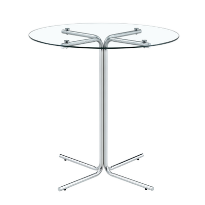 Round glass bar high table, 36 inch round bar table, tempered glass tabletop, sturdy silver chrome plated four column support, suitable for transparent round bar tables in small spaces, kitchens