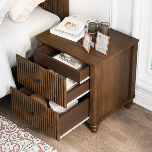 Fluted 3 Drawer Nightstand with Metal Handle, Walnut Mid Century Modern Bedside Table 21.65inch
