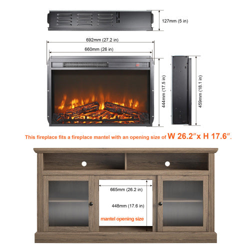 26 inch electric fireplace insert, ultra thin heater with log set & realistic flame, remote control with timer, overheating protection