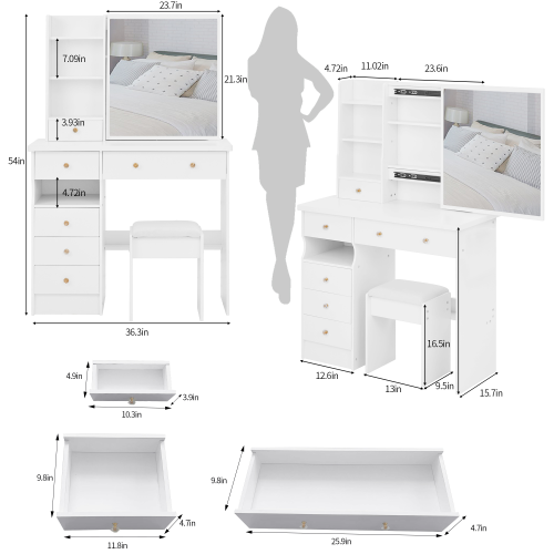 37inch  Middle Size Left Drawer Desktop Vanity Table + Cushioned Stool, Extra Large Right sliding mirror, Multi Layer High Capacity Storage, Practical Fashionable Dresser, Suitable For Large Space
