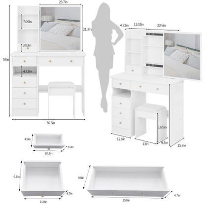 37inch  Middle Size Left Drawer Desktop Vanity Table + Cushioned Stool, Extra Large Right sliding mirror, Multi Layer High Capacity Storage, Practical Fashionable Dresser, Suitable For Large Space
