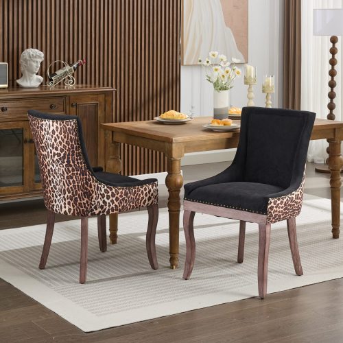 Set of 2 Leopard Print Fabric Dining Chairs, Mid-Century Solid Wood Chairs with Nailhead & 300lb Limit