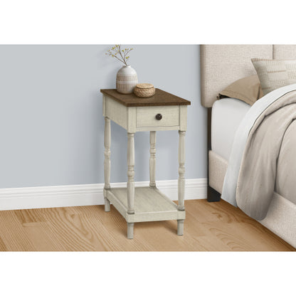 25 Inch Traditional Accent Table with Drawer, Brown & Antique White Veneer