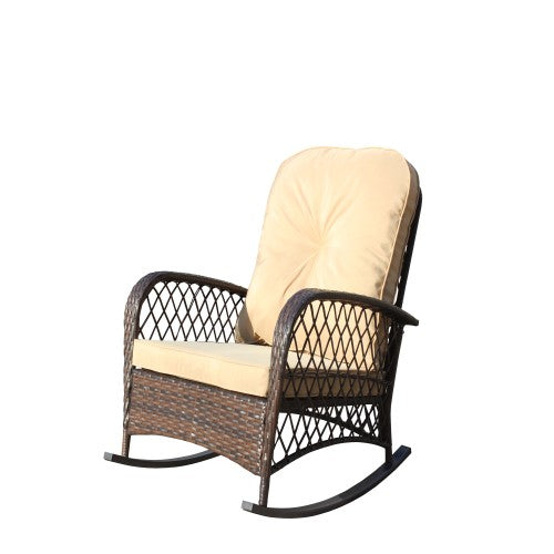 Outdoor Wicker Rocking Chair with Wide Seat, Thick, Soft Cushion, Rattan Rocker w/Steel Frame, High Weight Capacity for Patio, Garden, Backyard, Shallow brown Cushion