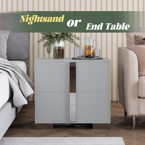 Modern End Table with Drawers, Elegant Nightstand with Metal Foot,Wood Bedside Table with Mirrored Metal Handles,Sofa Side End Table for Bedroom Living Room Office,Grey