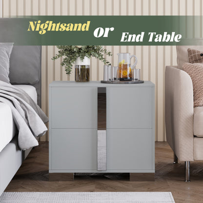 Modern End Table with Drawers, Elegant Nightstand with Metal Foot,Wood Bedside Table with Mirrored Metal Handles,Sofa Side End Table for Bedroom Living Room Office,Grey