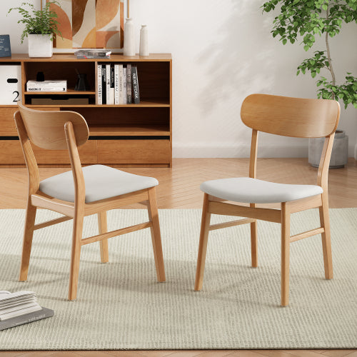 Set of 2 Minimalist Light Beige Fabric Dining Chairs, Natural Oak Finish Solid Rubberwood Legs