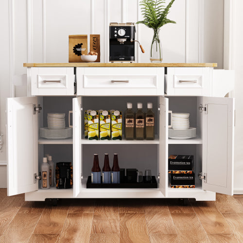 54 Inch Rolling Kitchen Island with Drop Leaf Drawers & Wheels White