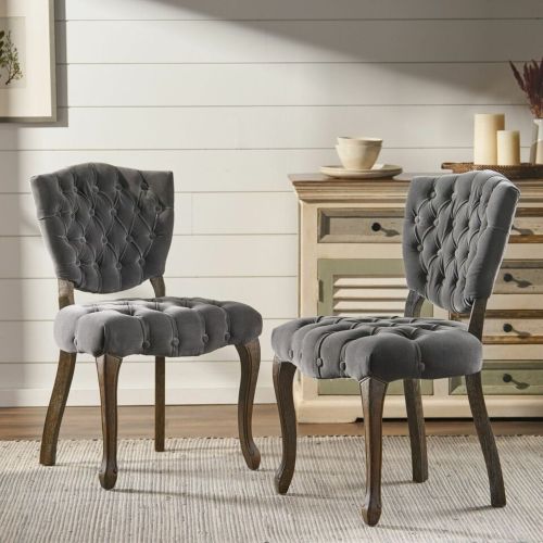 Tufted Velvet-Look Dining Chairs with Carved Wood Legs, Set of 2, Charcoal