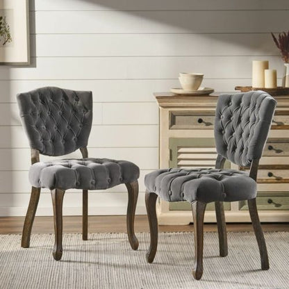 Tufted Velvet-Look Dining Chairs with Carved Wood Legs, Set of 2, Charcoal