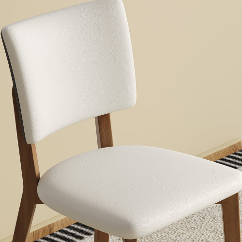 Mid-Century Wood Dining Chairs with PU Upholstery, Set of 2, White/Deep Walnut