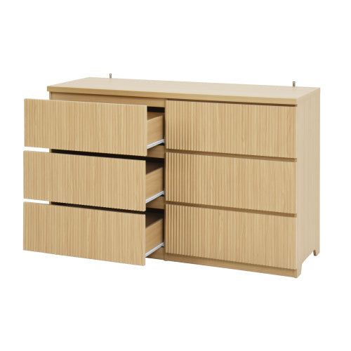 6 Drawer Storage Cabinet ,Dresser, Wood Storage Tower Clothes Organizer with Wavy drawer panel, Wide Chest of 6 Drawers, Large Storage Space for Bedroom, Hallway, Entryway Living Room Natural