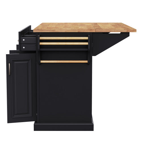 54 Inch Rolling Kitchen Island with Drop Leaf Drawers & Wheels Black