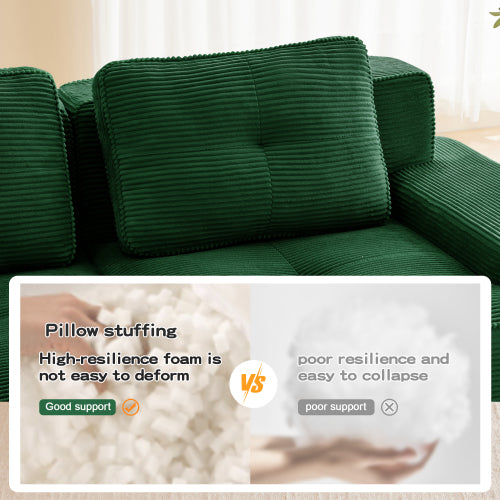 82 inch  Green L-Shaped Corduroy Modular Sofa, Movable Ottoman, No Assembly Required