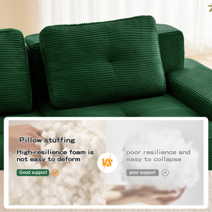 82 inch  Green L-Shaped Corduroy Modular Sofa, Movable Ottoman, No Assembly Required