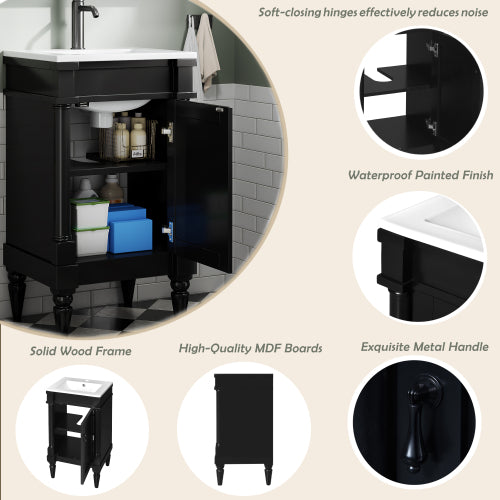 18-Inch Modern Bathroom Vanity with Sink, Modern Bathroom Storage Cabinet with Door, Freestanding Small Space Bathroom Cabinet, Single Sink Cabinet with Adjustable Shelf, Black