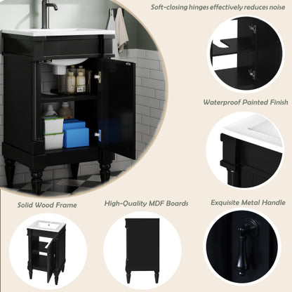 18-Inch Modern Bathroom Vanity with Sink, Modern Bathroom Storage Cabinet with Door, Freestanding Small Space Bathroom Cabinet, Single Sink Cabinet with Adjustable Shelf, Black