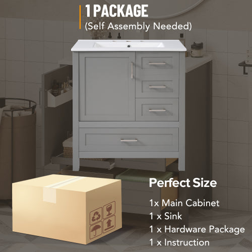 30" Gray Bathroom Vanity with Sink Combination Set, Bathroom Storage Cabinet with Soft Close Door, 3 Soft Close Drawers and Removable Tray, Solid Wood Frame