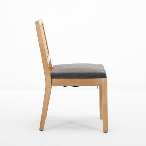Set of 2 Gray Farmhouse Cane Rattan Dining Chairs, Solid Hardwood Frame Linen Upholstered Side Chairs 300 LBS Capacity